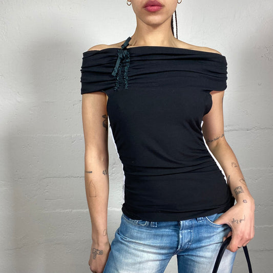 Vintage 2000’s Night Out Black Classy Draped Off Shoulder Top with Contrast White Side Stripes (S)