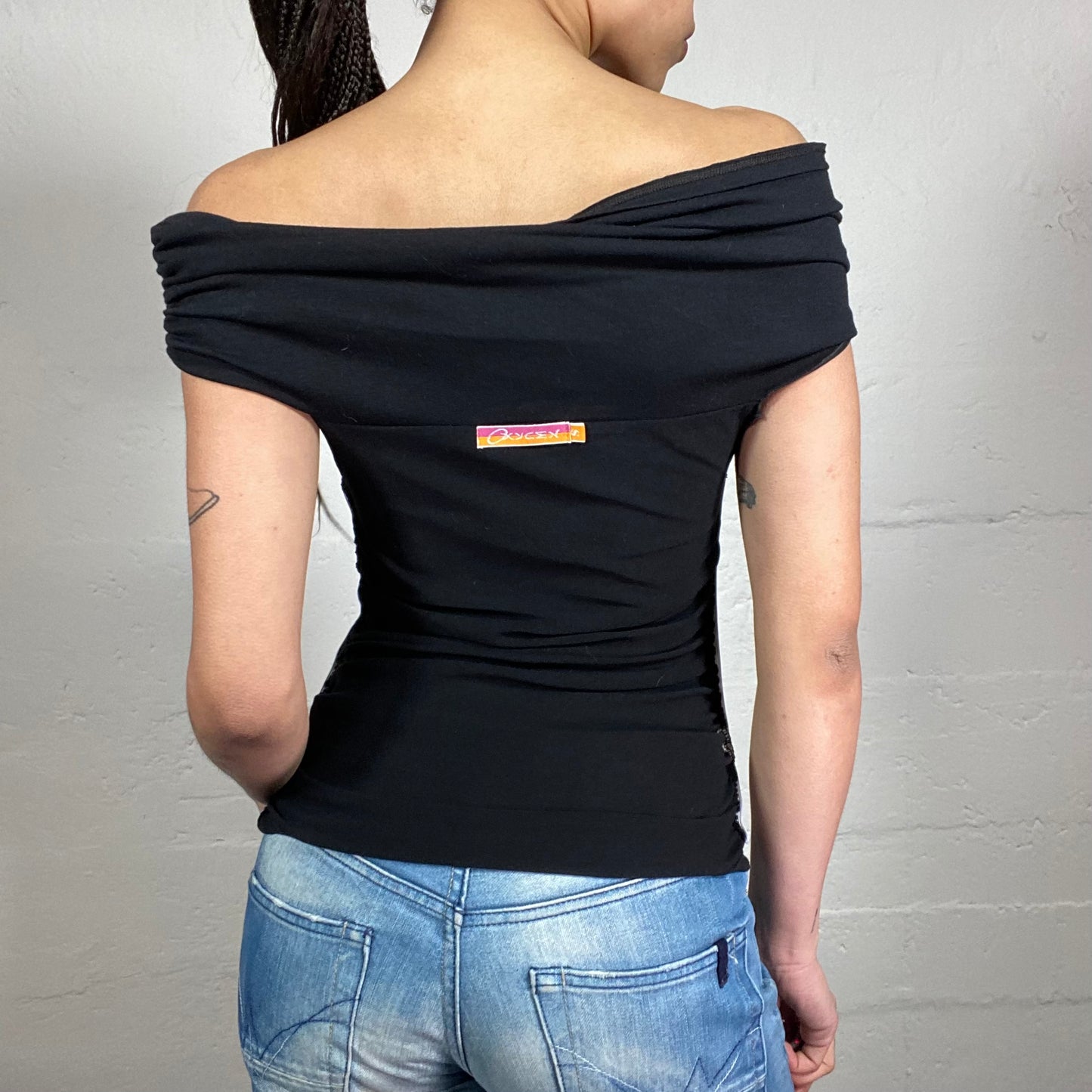 Vintage 2000’s Night Out Black Classy Draped Off Shoulder Top with Contrast White Side Stripes (S)