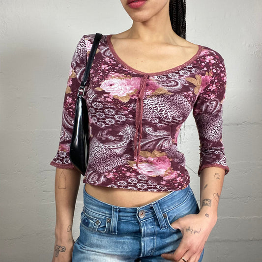 Vintage 2000’s Baroque Style Pink and Burgundy 2/4 Sleeve Cropped Top with Floral Print and Middle Ribbon (S)