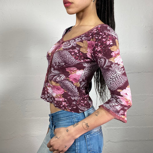 Vintage 2000’s Baroque Style Pink and Burgundy 2/4 Sleeve Cropped Top with Floral Print and Middle Ribbon (S)