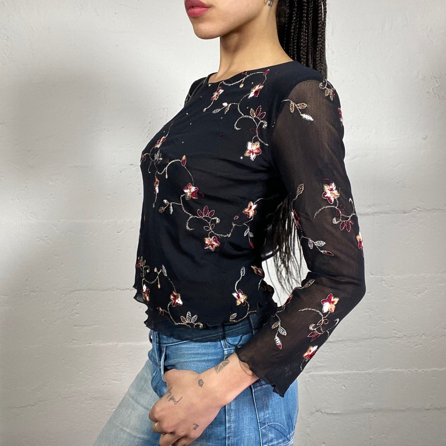 Vintage 2000’s Boho Girl Black See Through 3/4 Sleeve Mesh Top with Floral Embroidery (S)