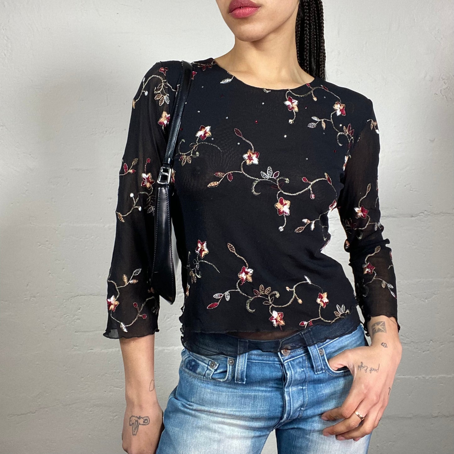 Vintage 2000’s Boho Girl Black See Through 3/4 Sleeve Mesh Top with Floral Embroidery (S)