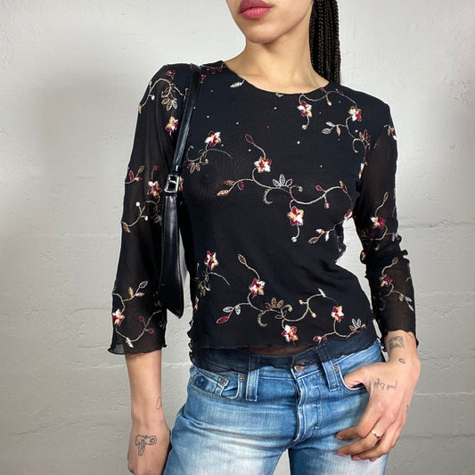 Vintage 2000’s Boho Girl Black See Through 3/4 Sleeve Mesh Top with Floral Embroidery (S)