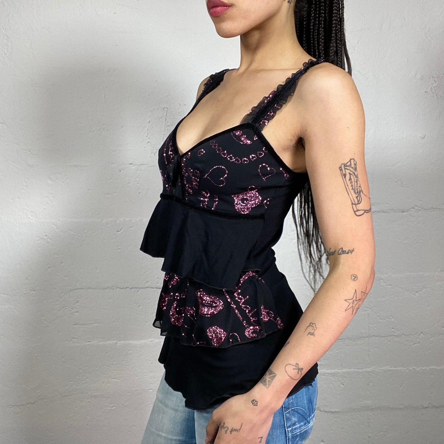 Vintage 2000’s Romantic Ruffled Black Layered Tank Top with Shiny Pink Print and Ruffle Details (M)