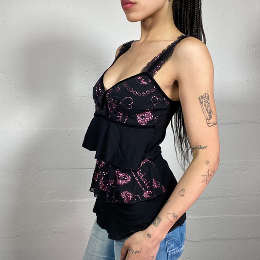 Vintage 2000’s Romantic Ruffled Black Layered Tank Top with Shiny Pink Print and Ruffle Details (M)