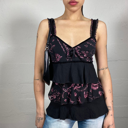 Vintage 2000’s Romantic Ruffled Black Layered Tank Top with Shiny Pink Print and Ruffle Details (M)