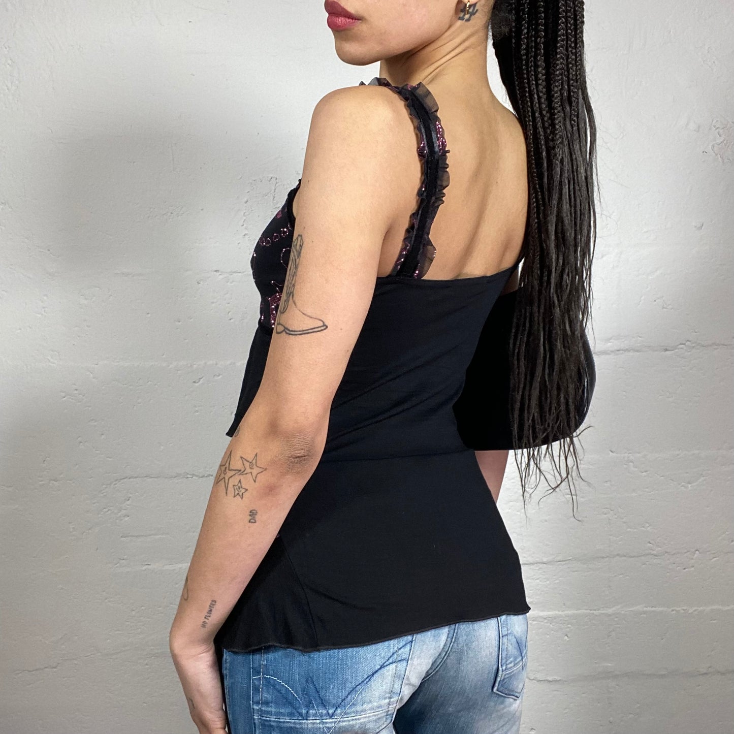 Vintage 2000’s Romantic Ruffled Black Layered Tank Top with Shiny Pink Print and Ruffle Details (M)
