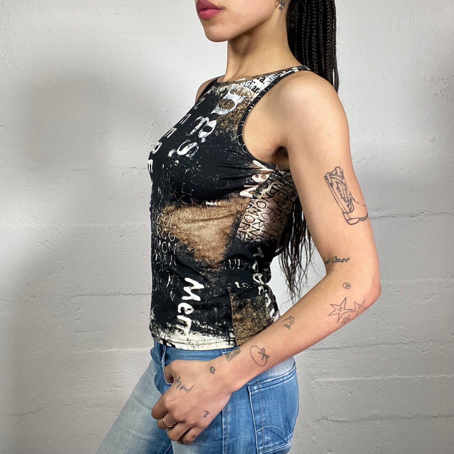 Vintage 2000’s Downtown Girl Black and Brown Typography Printed Tank Top (S)