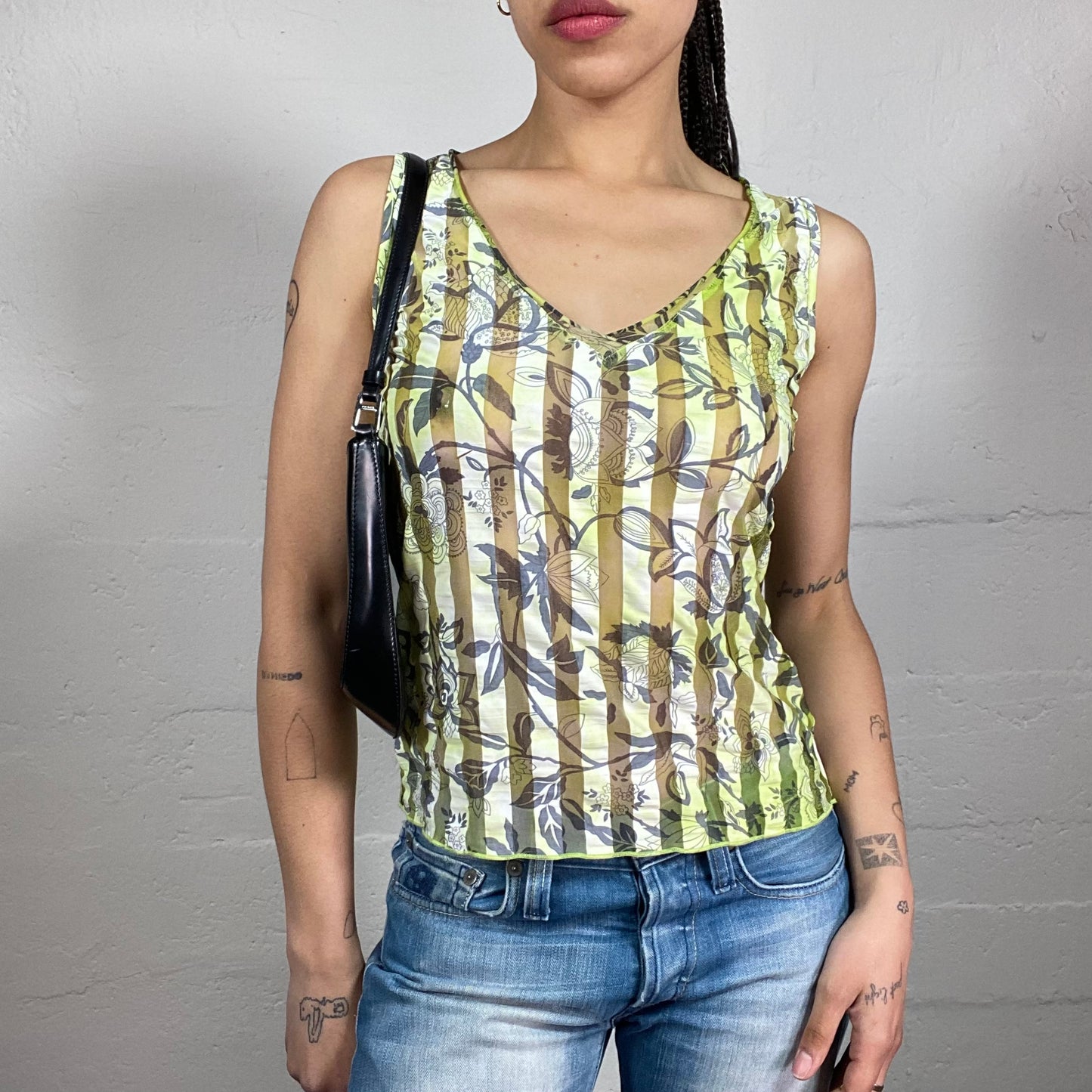 Vintage 2000’s Downtown Girl Lime Colour Striped See-Through V-Neck Tank Top with Spring Accented Print (L)