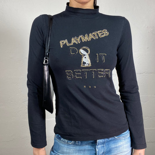 Vintage 2000’s Rainy Summer Day Black Turtleneck Longsleeve Top with Playmates Do It Better Rhinestone Embroidery (S)