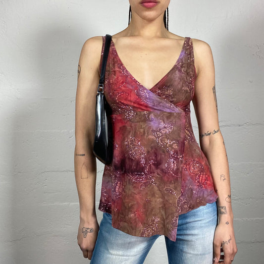 Vintage 2000’s Summer Sunset Asymmetric Multicoloured Chiffon Top with Boho Style Print (M)