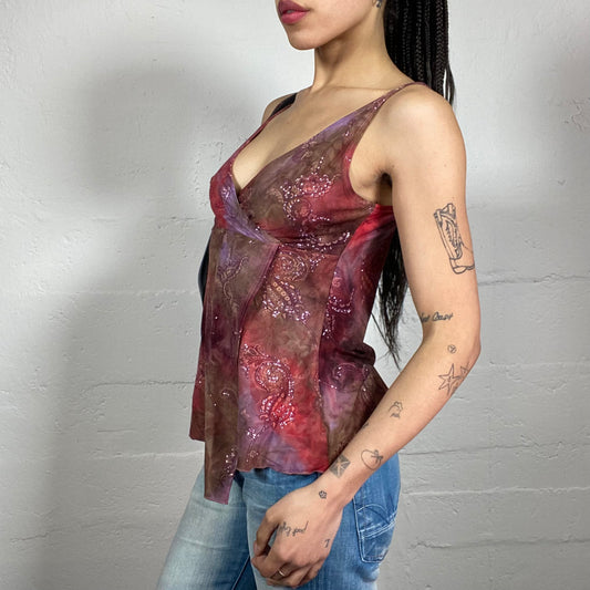 Vintage 2000’s Summer Sunset Asymmetric Multicoloured Chiffon Top with Boho Style Print (M)
