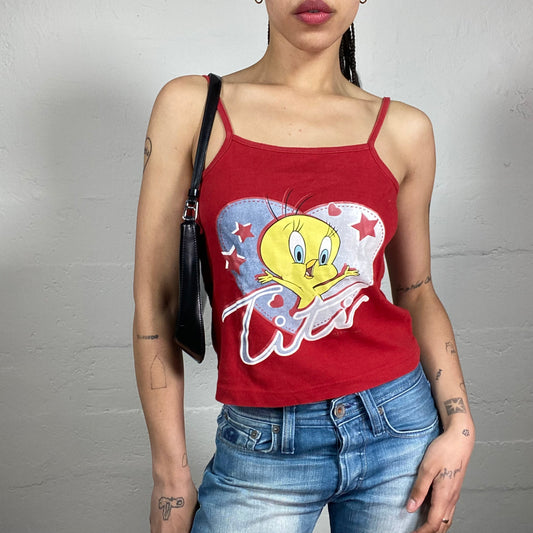 Vintage 2000’s Cute Summer Date Red Cartoon Printed Cami Top (S)