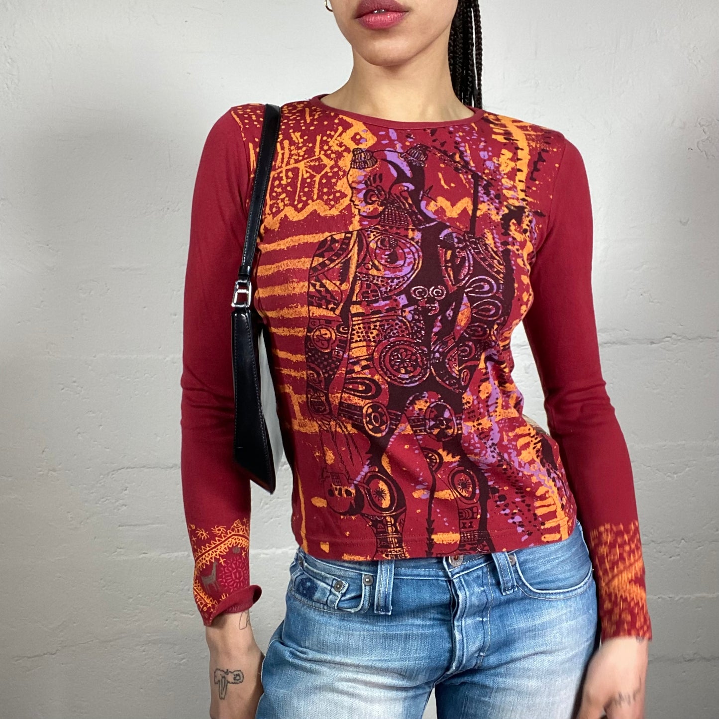 Vintage 2000’s Downtown Girl Red and Orange Abstract Art Printed Longsleeve Top (M)