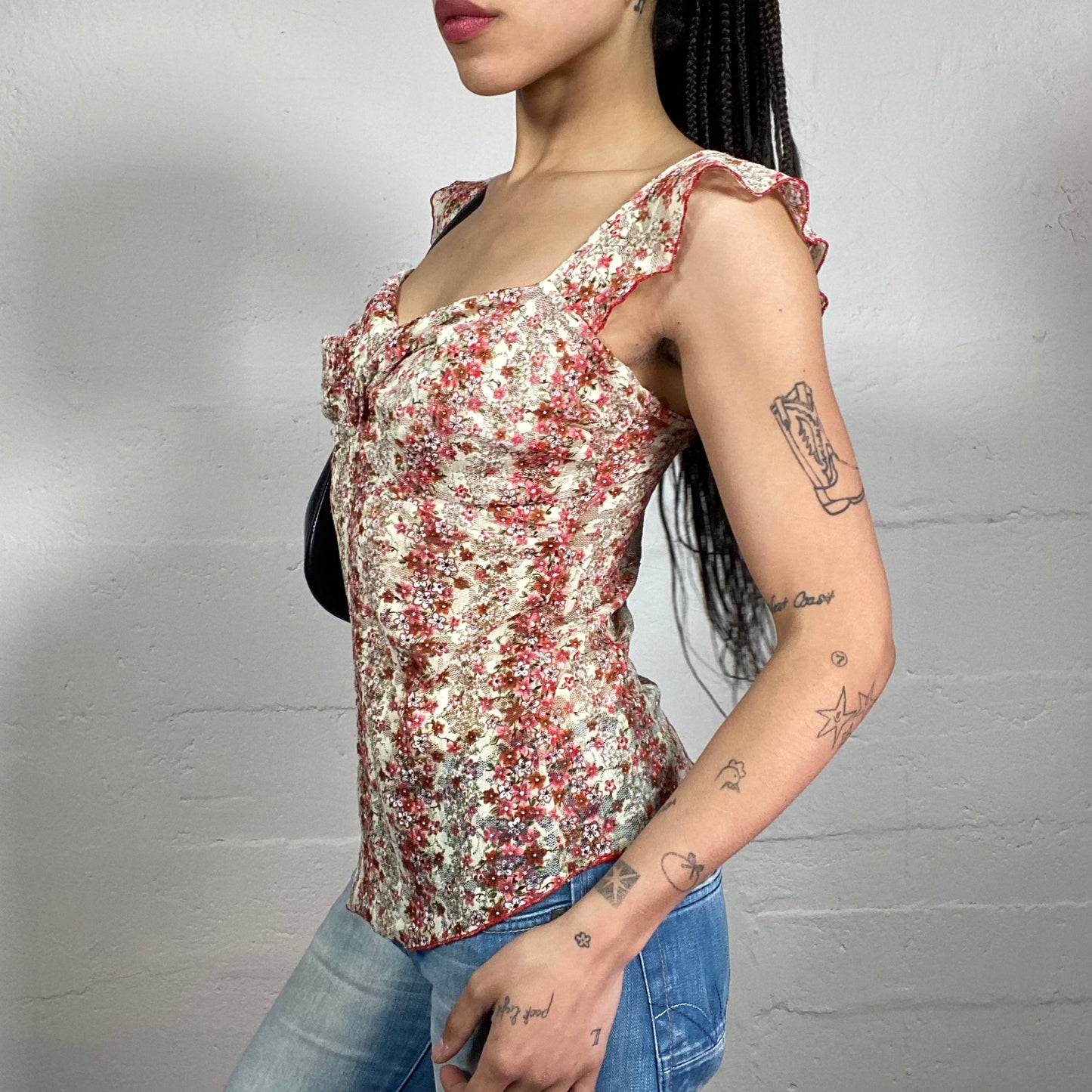 Vintage 2000’s Romantic Floral Printed Beige and Pink Lace Top with Ribbon Effect Bra (S)
