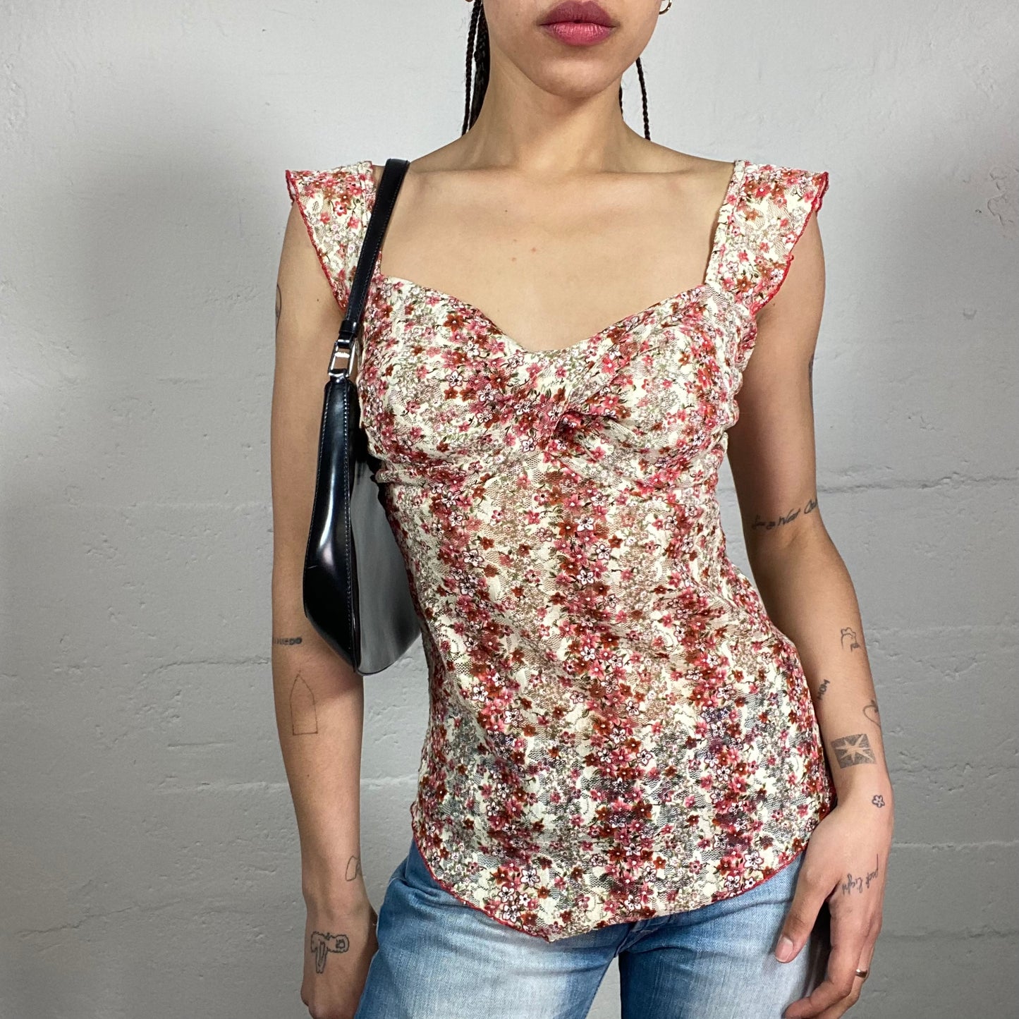 Vintage 2000’s Romantic Floral Printed Beige and Pink Lace Top with Ribbon Effect Bra (S)