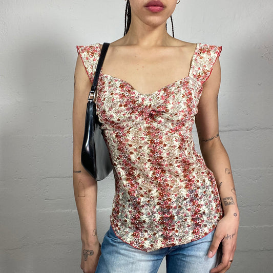Vintage 2000’s Romantic Floral Printed Beige and Pink Lace Top with Ribbon Effect Bra (S)