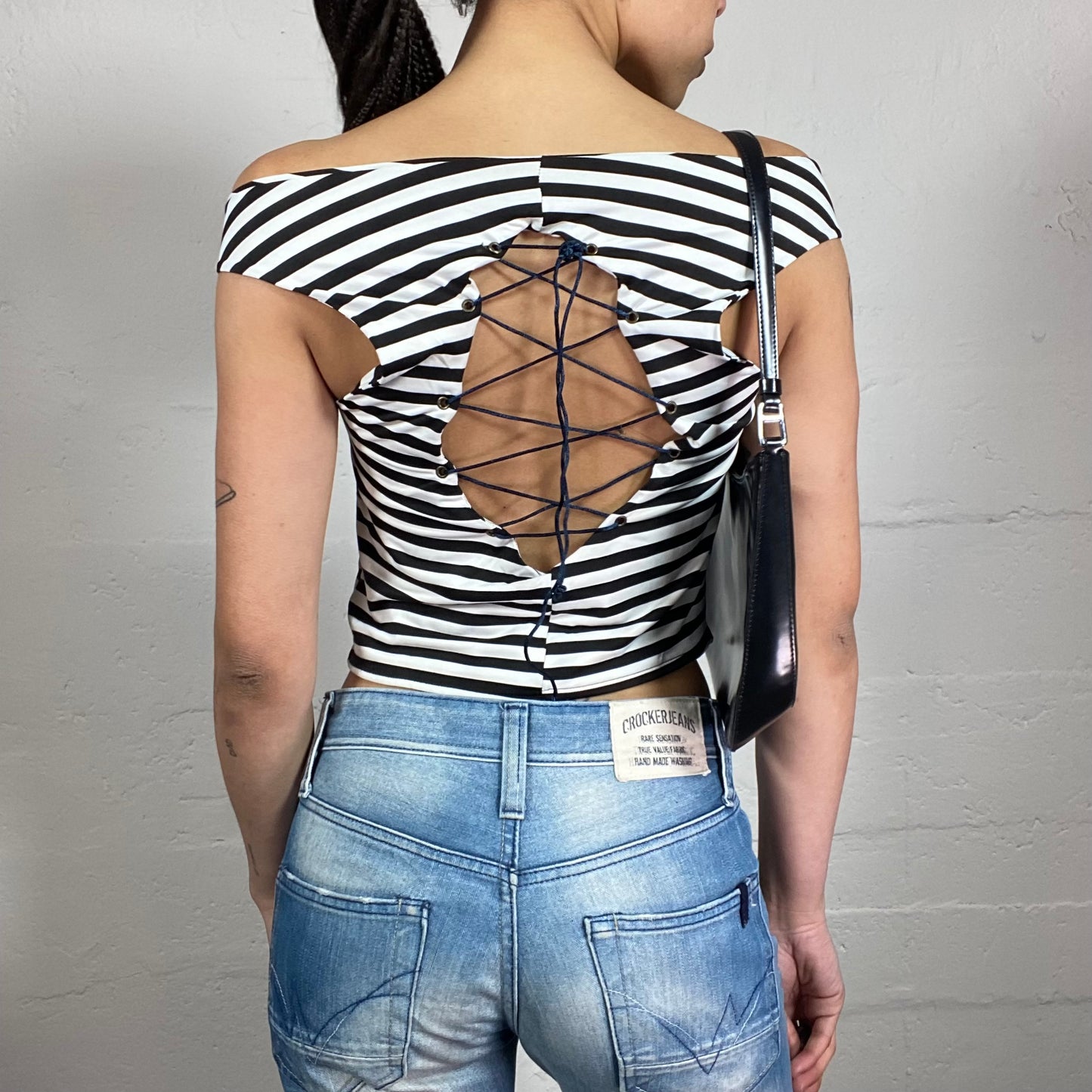 Vintage 2000’s Sea Girl Off Shoulder Striped Cropped Black and White Top with Back Binding (M)