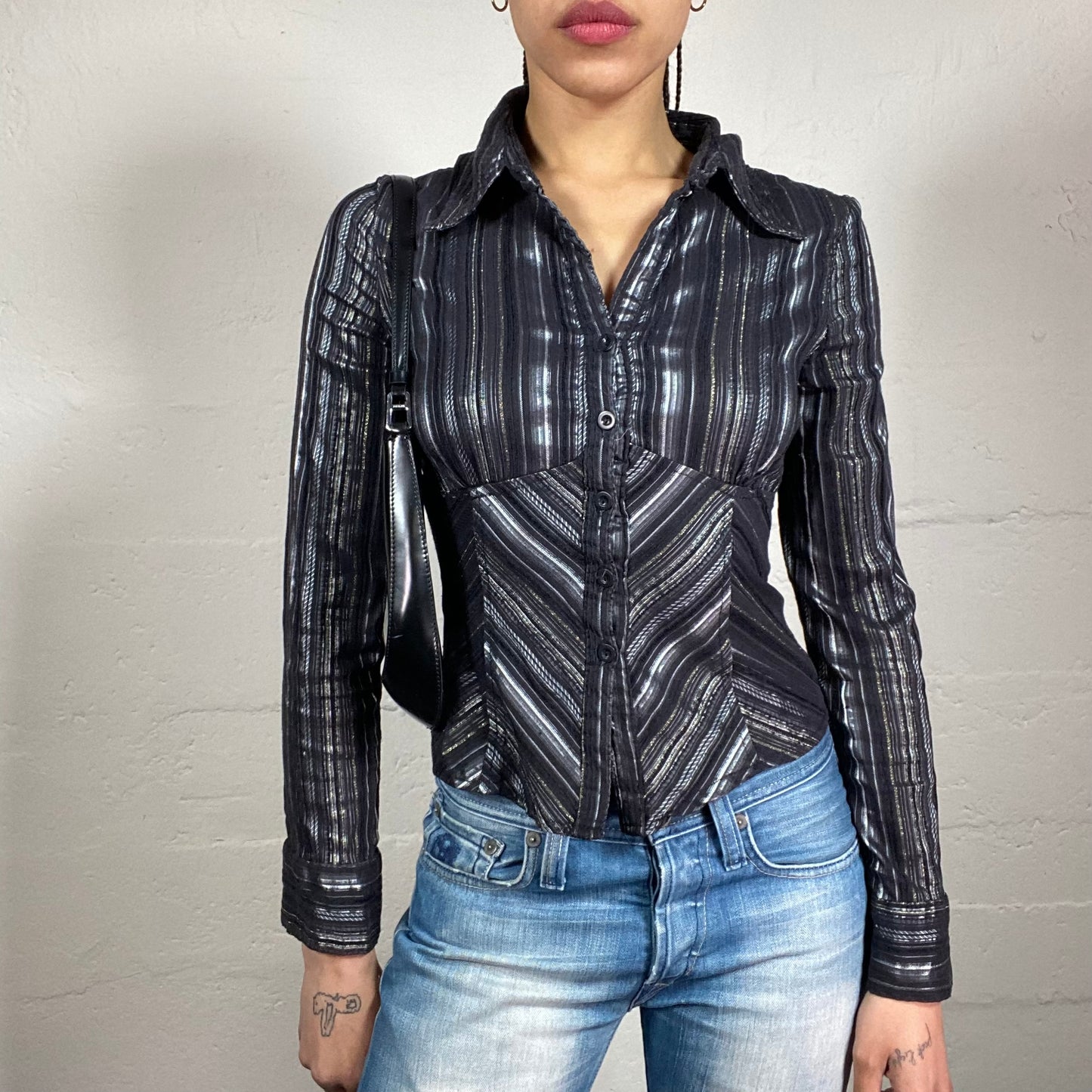 Vintage 2000’s Disco Sheer Black and Silver Striped Button Up Slim Fitted Shirt (S)