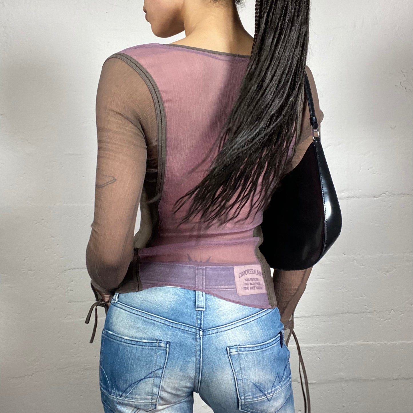 Vintage 2000’s Coquette Warm Grey and Dirty Pink Mesh See-Through Longsleeve Top (S)
