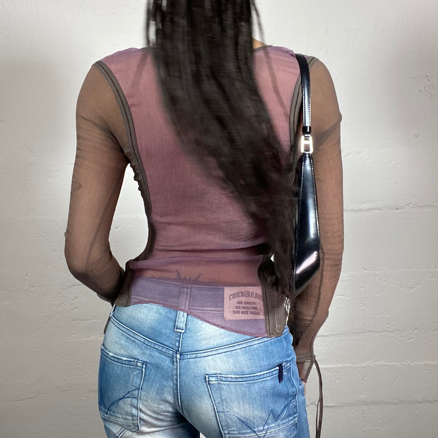 Vintage 2000’s Coquette Warm Grey and Dirty Pink Mesh See-Through Longsleeve Top (S)