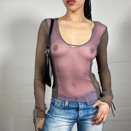 Vintage 2000’s Coquette Warm Grey and Dirty Pink Mesh See-Through Longsleeve Top (S)