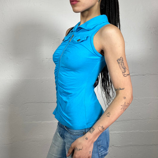 Vintage 2000’s Funky Aquamarine Blue Zip Up Collared Tank Top with Pocket Details (S)