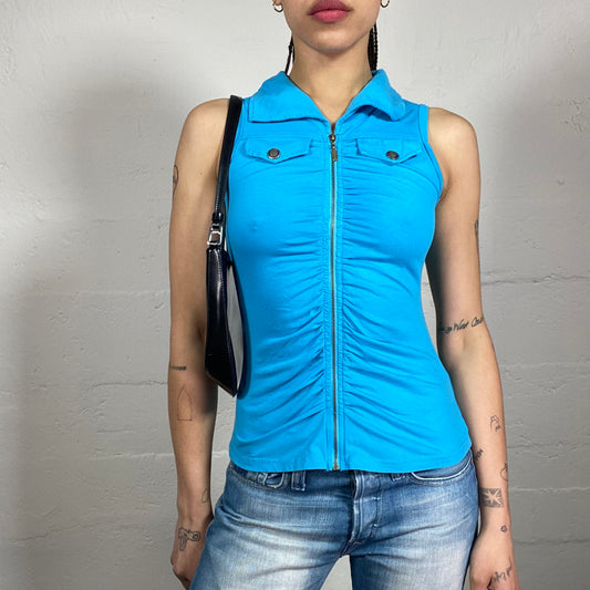 Vintage 2000’s Funky Aquamarine Blue Zip Up Collared Tank Top with Pocket Details (S)
