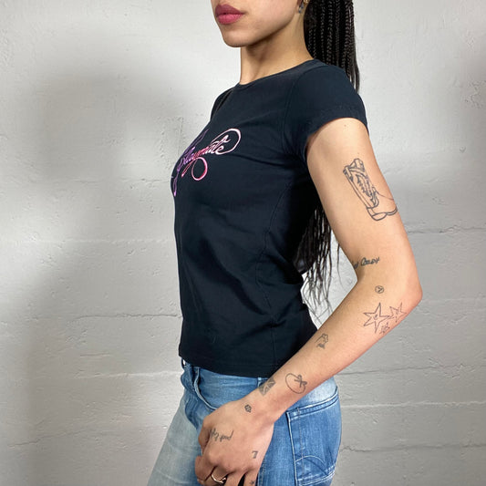 Vintage 2000’s Playboy Clubwear Black Baby Tee with Pink Playmate Logo Print (M)
