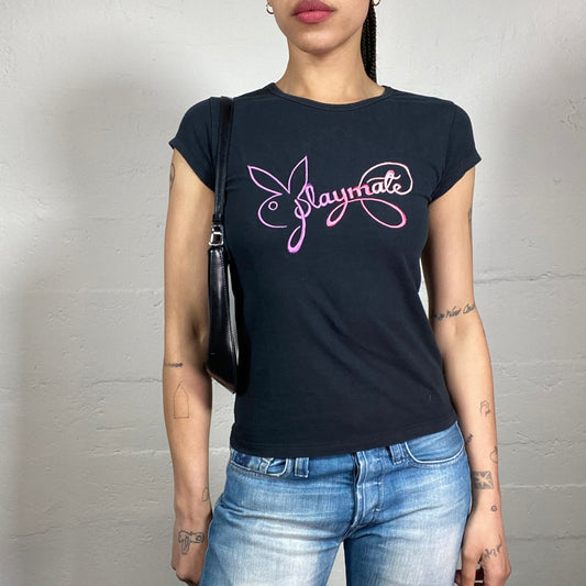 Vintage 2000’s Playboy Clubwear Black Baby Tee with Pink Playmate Logo Print (M)