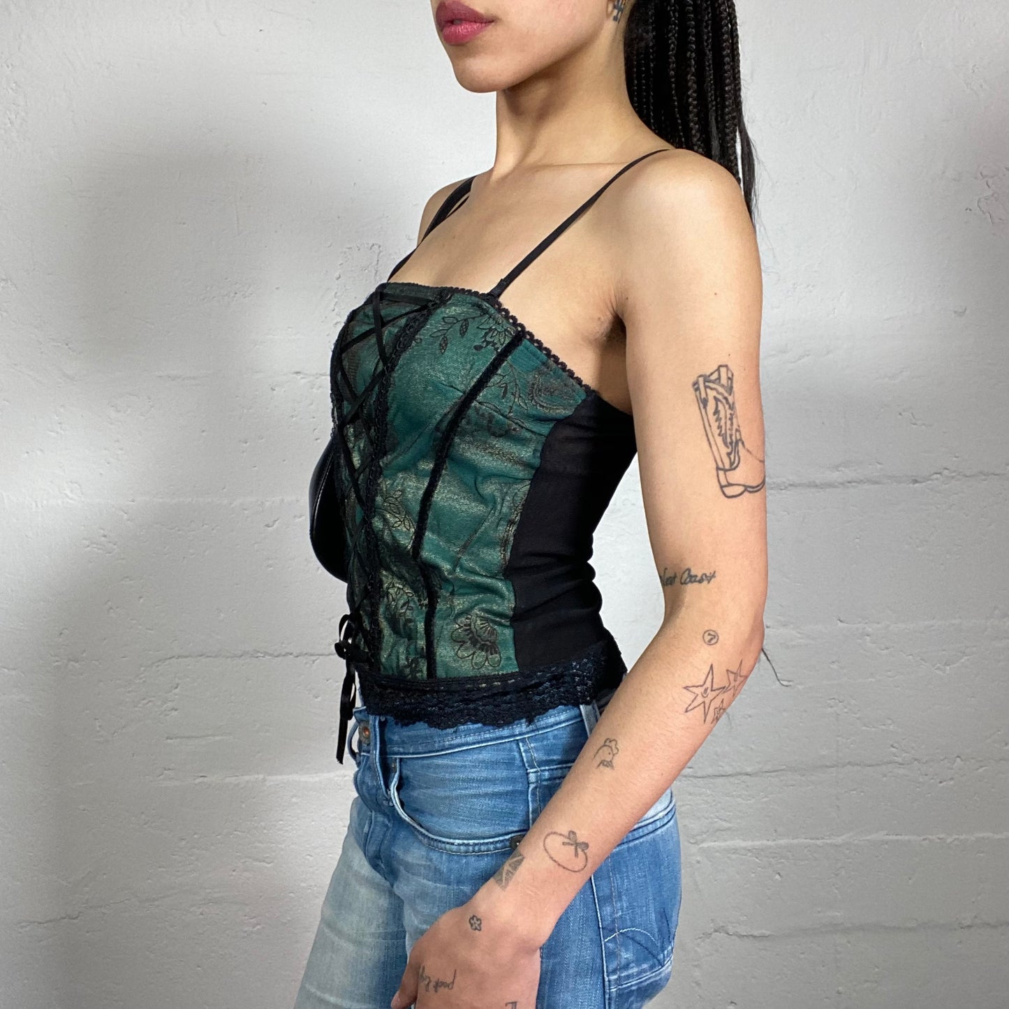 Vintage 2000’s Antique Dance Green Laced Up Corset Style Cami Top with Black Lace Details (S)