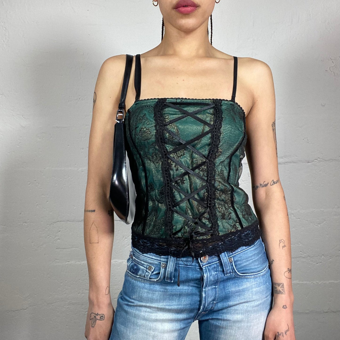Vintage 2000’s Antique Dance Green Laced Up Corset Style Cami Top with Black Lace Details (S)