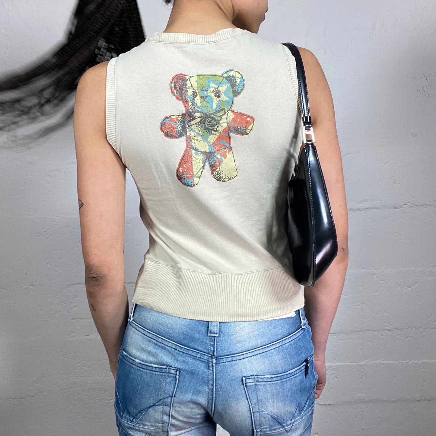 Vintage 2000’s Kookai Beige Jersey Sweatshirt Style Tank Top with Multicoloured Bear Print (M)