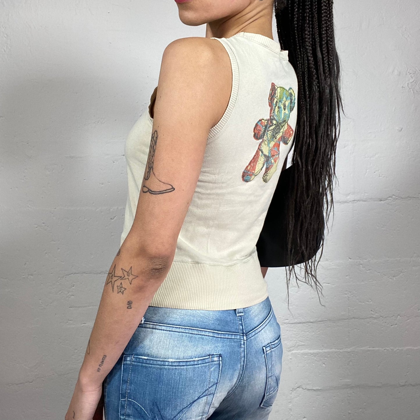 Vintage 2000’s Kookai Beige Jersey Sweatshirt Style Tank Top with Multicoloured Bear Print (M)
