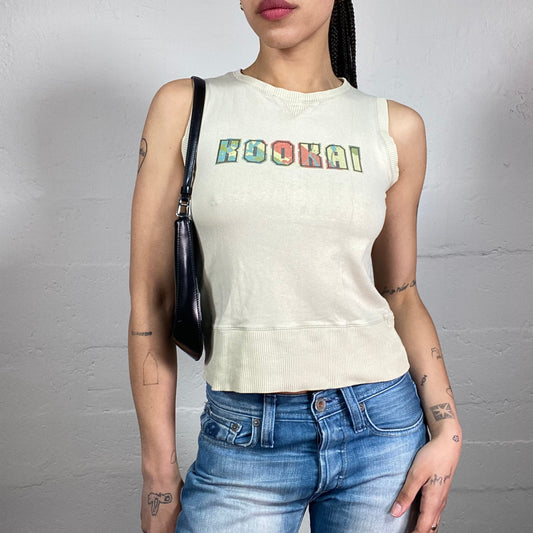 Vintage 2000’s Kookai Beige Jersey Sweatshirt Style Tank Top with Multicoloured Bear Print (M)