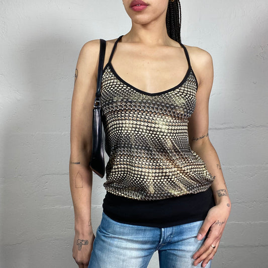 Vintage 2000’s Casual Clubwear Draped Futuristic Dot Printed Top with Open Back And Cross Binding (S)