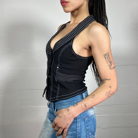 Vintage 2000’s Casual Black Vest Style Button Up Top with Contrast White Seaming (M)