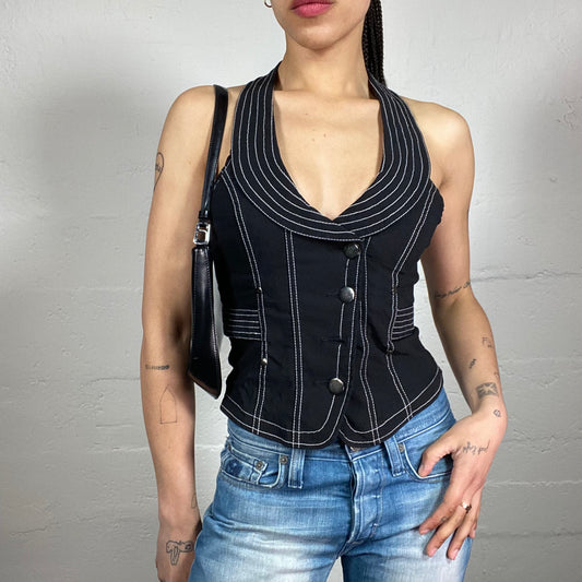 Vintage 2000’s Casual Black Vest Style Button Up Top with Contrast White Seaming (M)