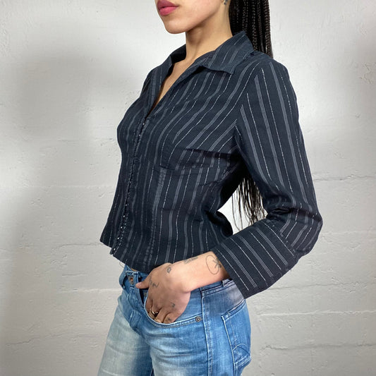 Vintage 2000’s Office Girlie Navy Blue Button Up 3/4 Sleeved Shirt with Shiny Stripes Print (S)