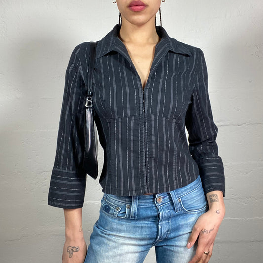 Vintage 2000’s Office Girlie Navy Blue Button Up 3/4 Sleeved Shirt with Shiny Stripes Print (S)