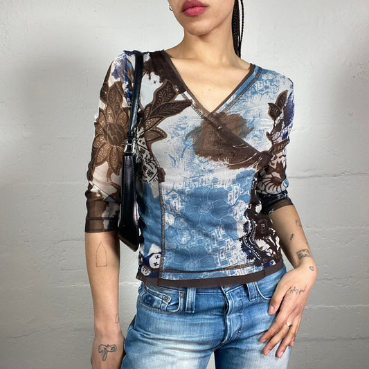 Vintage 2000’s Boho Girl Sky Blue and Brown Printed 3/4 Sleeve Mesh Wrap Up Top (S)