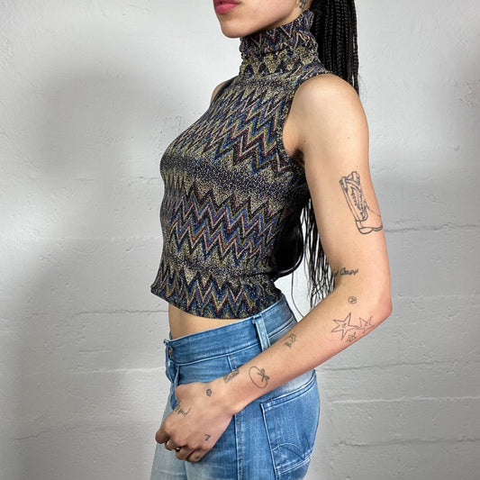 Vintage 2000’s Clubwear Dark Toned Shiny High Neck Tank Top with Geometric Print (S)