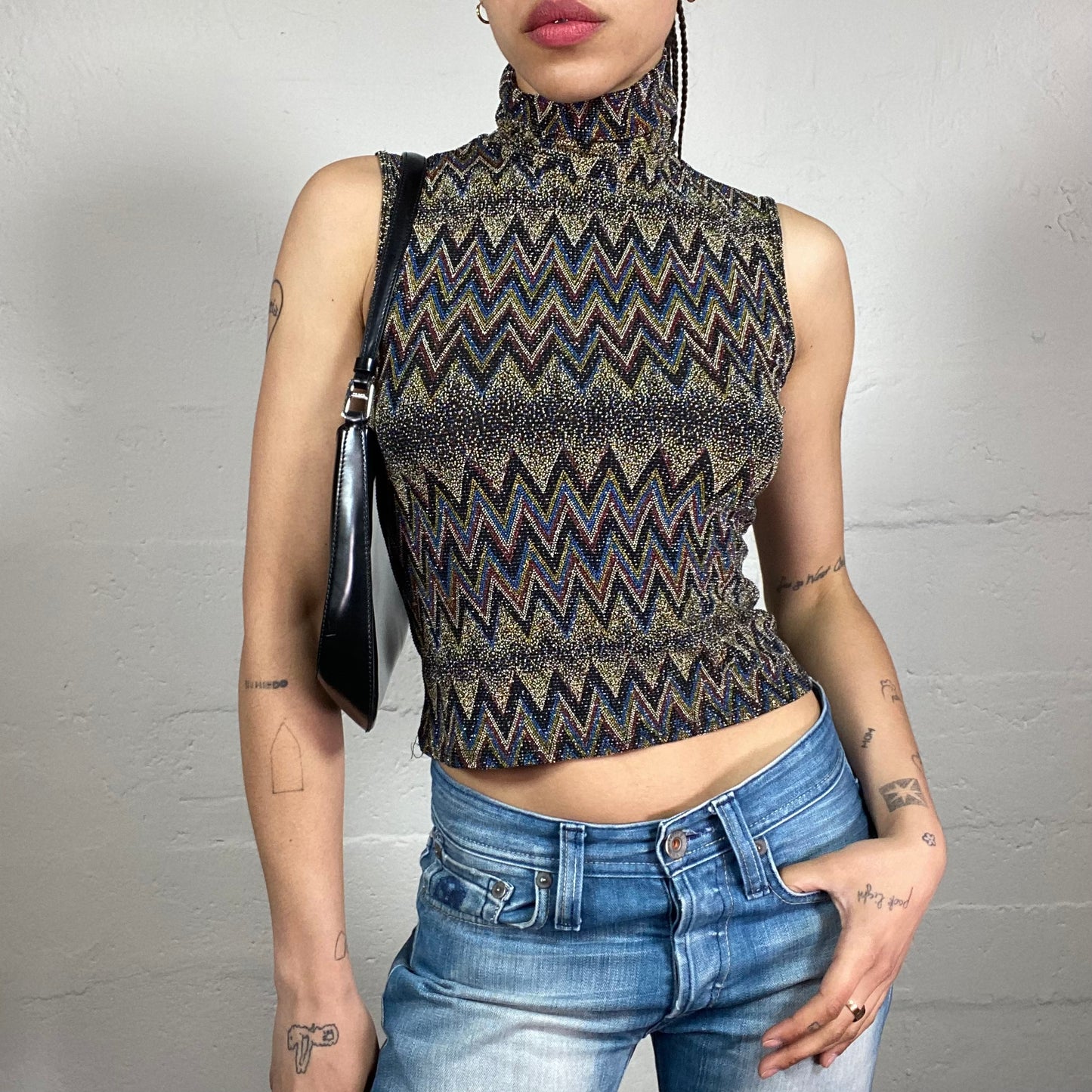 Vintage 2000’s Clubwear Dark Toned Shiny High Neck Tank Top with Geometric Print (S)