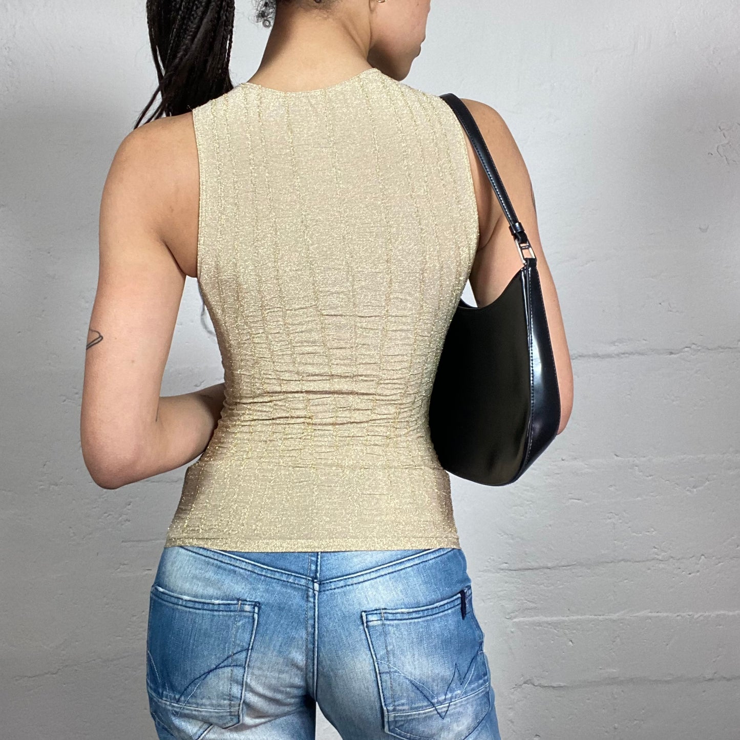 Vintage 2000’s Classy Glam Beige Sheer Tank Top with Striped Texture (S)