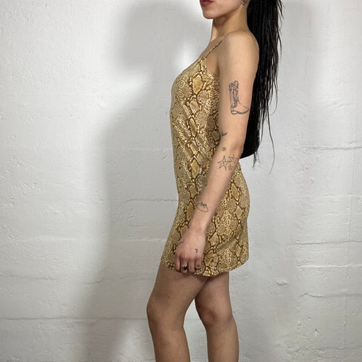 Vintage 90’s Clubwear Snake Skin Printed Yellow and Brown Mini Dress (S)