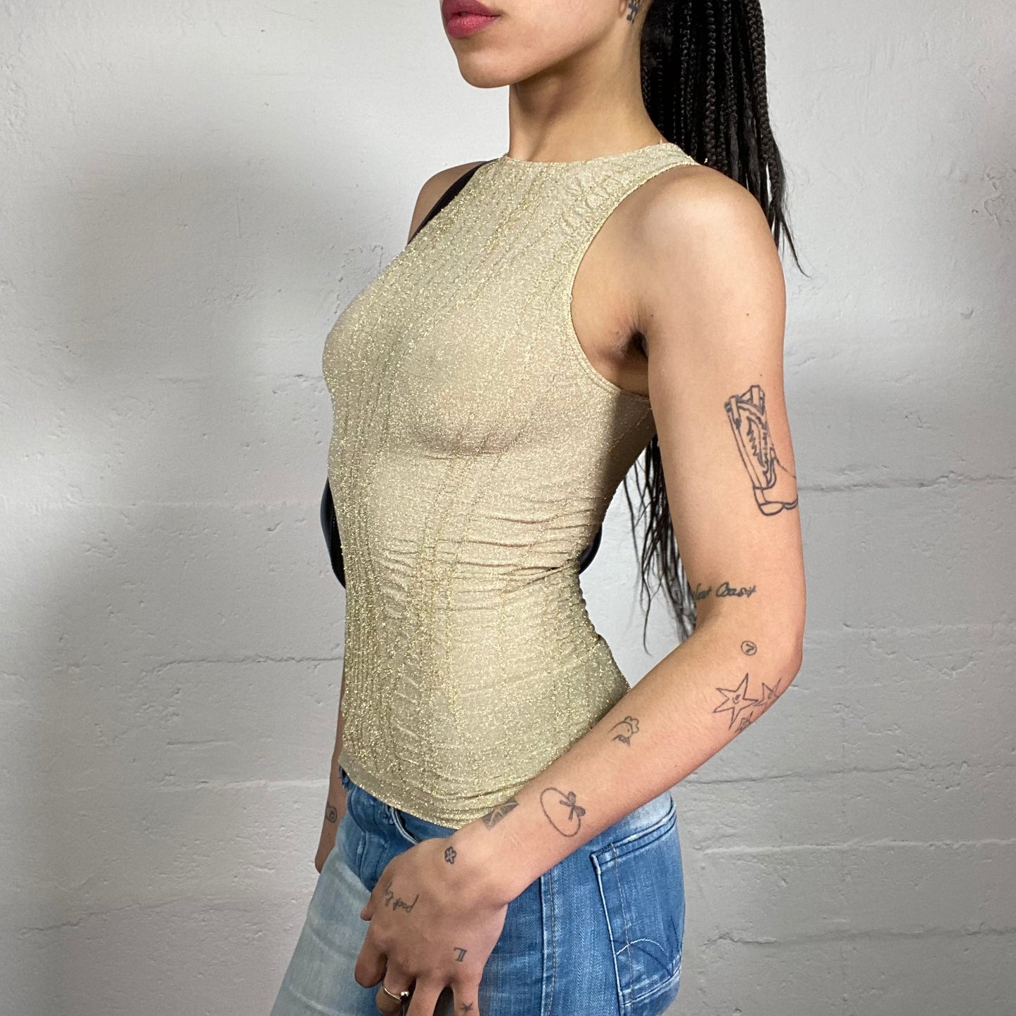 Vintage 2000’s Classy Glam Beige Sheer Tank Top with Striped Texture (S)