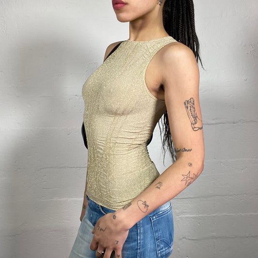 Vintage 2000’s Classy Glam Beige Sheer Tank Top with Striped Texture (S)