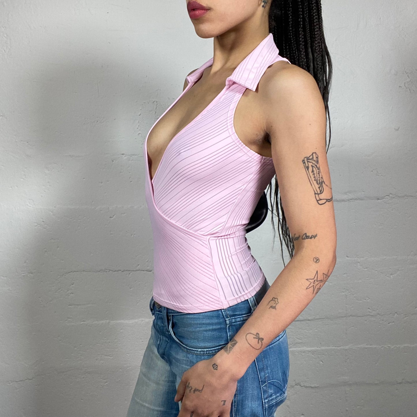 Vintage 2000’s Cute Office Girl Style V-Chest Wrapped Baby Pink Striped Top with Collar (M)