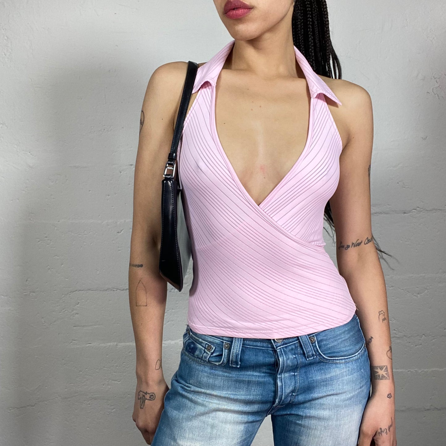 Vintage 2000’s Cute Office Girl Style V-Chest Wrapped Baby Pink Striped Top with Collar (M)