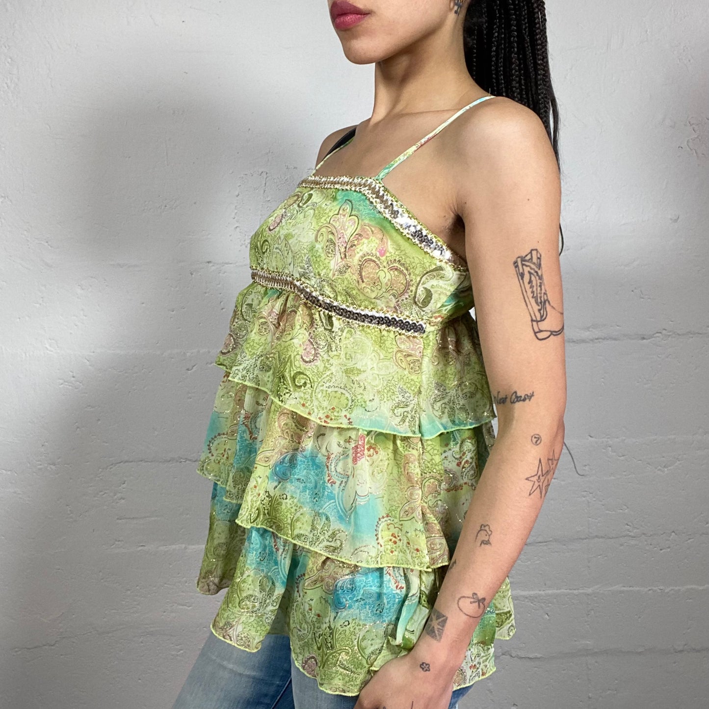 Vintage 2000’s Forest Fairy Silk Green Boho Style Printed Cami Top with Layering Ruffles (L/XL)